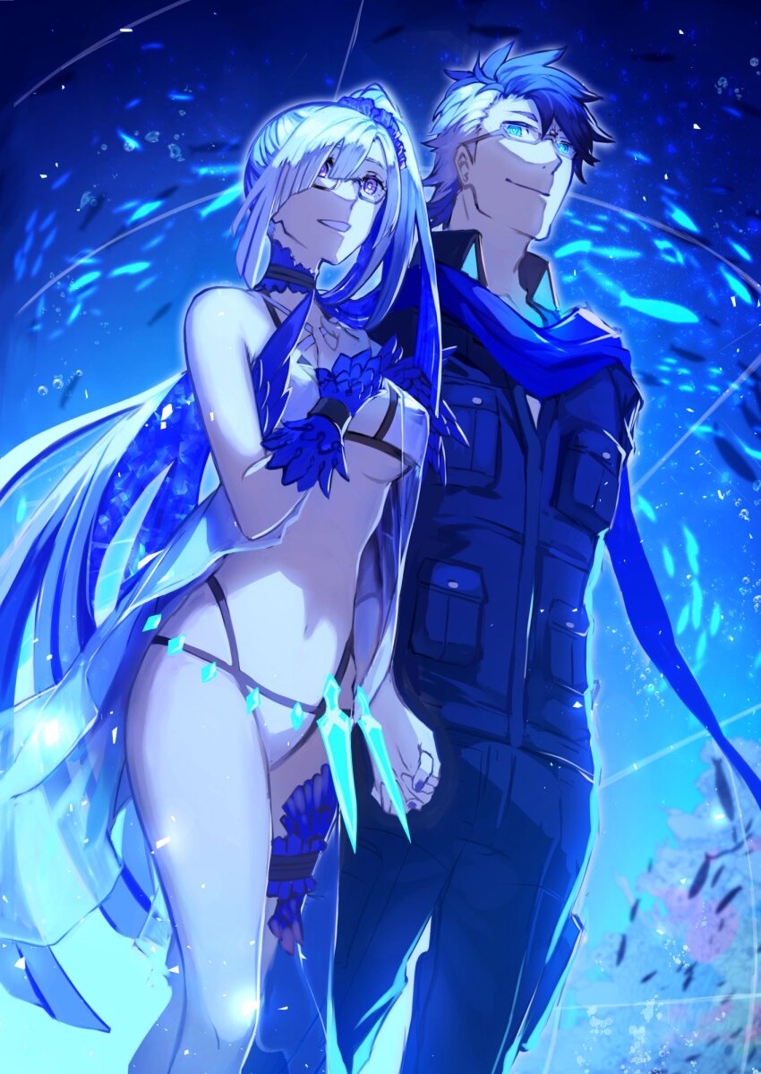1boy 1girl aquarium bikini blue_eyes brynhild_(fate) brynhild_(swimsuit_berserker)_(first_ascension)_(fate) fate/grand_order fate_(series) glasses highres holding_hands kashia long_hair multicolored_hair nail_polish purple_eyes side_ponytail sigurd_(fate) string_bikini swimsuit white_bikini