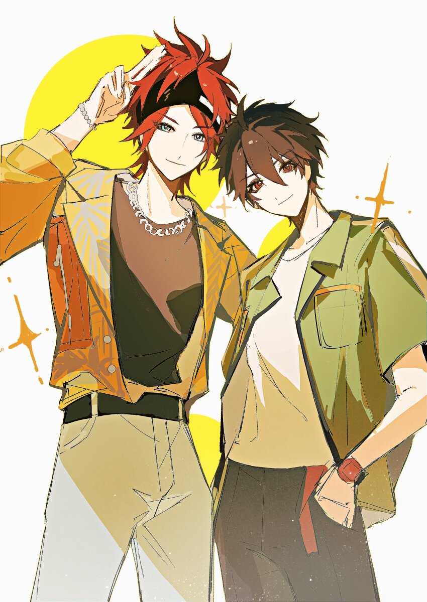 2boys absurdres amagi_rinne belt black_belt black_headband black_shirt bracelet brown_hair chain chain_necklace chinese_commentary closed_mouth ensemble_stars! green_jacket hair_between_eyes hand_in_pocket headband highres jacket jewelry looking_at_viewer male_focus morisawa_chiaki multiple_boys necklace official_alternate_costume open_clothes open_shirt parted_bangs ppzi567 red_eyes red_hair salute shirt shirt_tucked_in short_hair smile two-finger_salute white_background white_shirt yellow_shirt