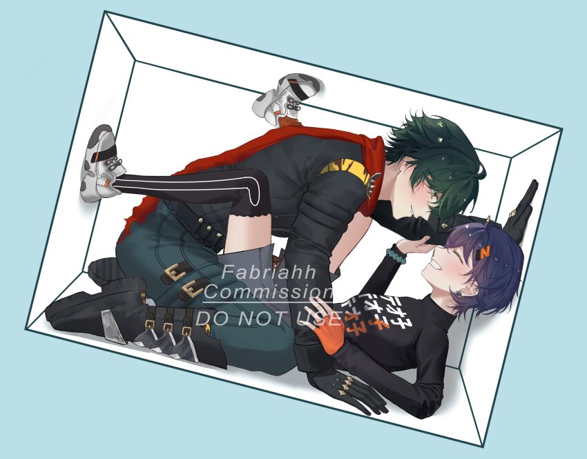 1boy 1girl absurdres belle_(zenless_zone_zero) black_boots black_jacket black_shirt black_thighhighs blue_hair blush boots commission fabriahh full_body green_hair green_pants hair_ornament highres jacket leather leather_jacket letter_hair_ornament lighter_(zenless_zone_zero) looking_at_another pants red_scarf scarf shirt short_hair smile spiked_belt spiked_jacket thighhighs zenless_zone_zero
