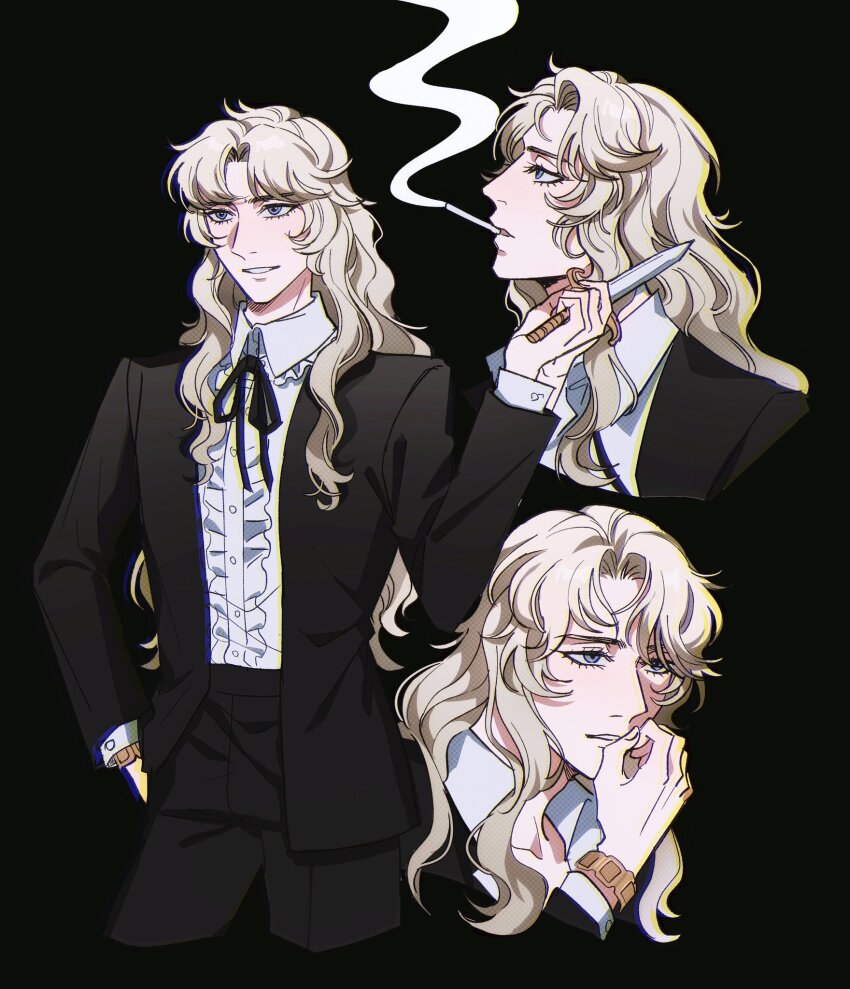 1girl androgynous asaka_rei black_background black_coat black_pants black_ribbon blonde_hair blowing_smoke blue_eyes coat crossdressing frills highres holding holding_smoking_pipe long_hair looking_to_the_side oniisama_e... pants reverse_trap ribbon seirorath shirt simple_background smile smoke smoking smoking_pipe watch wavy_hair white_shirt