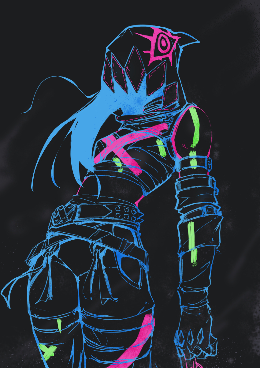 absurdres arcane:_league_of_legends arcane_jinx arm_tattoo arms_at_sides bandages belt black_background blue_hair body_markings covered_face crop_top detached_sleeves fingerless_gloves gloves highres hood jinx_(league_of_legends) league_of_legends leaning lineart long_hair long_sleeves markings neon_palette obscured pants r4koo shoulder_tattoo simple_background spikes standing stitching tattoo x