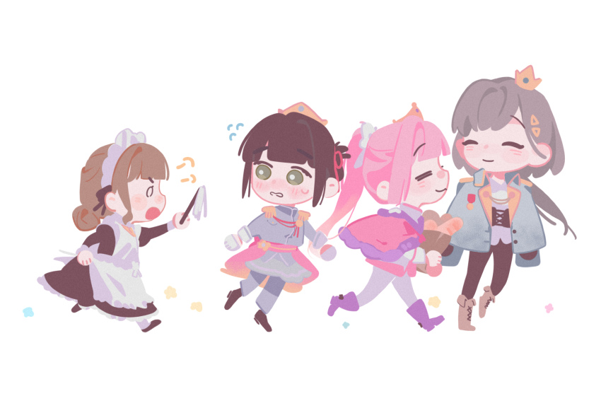 0_0 4girls :3 =_= ^_^ aiguillette anyoji_hime apron bag baguette black_hair black_pants black_shoes blunt_bangs blush boots bread brown_boots brown_hair cape cho_toutoi_love closed_eyes commentary crown deformed epaulettes flying_sweatdrops fold-over_boots food frilled_apron frills fur-trimmed_cape fur_trim green_eyes green_jacket grey_hair grey_jacket grey_pants hair_bun hair_ornament highres holding holding_bag jacket jacket_on_shoulders jellyfish_cut kachimachi_kosuzu katsuragi_izumi link!_like!_love_live! long_hair love_live! maid maid_apron maid_headdress master_and_servant mini_crown momose_ginko multiple_girls nose_blush open_mouth pants paper_bag peanut_mouth pink_cape pink_hair pipi_(m1x_mix) ponytail prince puff_of_air purple_boots shoes short_hair sidelocks simple_background single_hair_bun symbol-only_commentary triangle_hair_ornament virtual_youtuber white_apron white_background