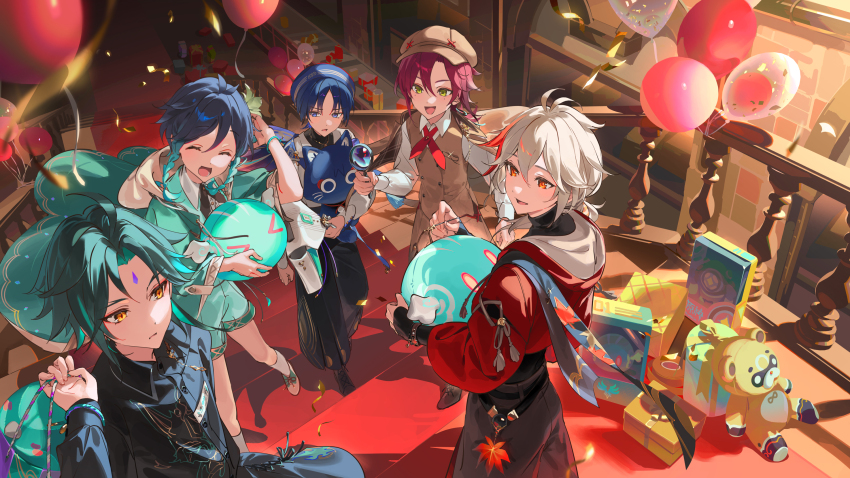 &gt;_&lt; 5boys ahoge alternate_costume anemo_slime_(genshin_impact) balloon black_hair blue_hair braid dsmile facial_mark flower forehead_mark genshin_impact gradient_hair green_eyes green_hair green_jacket guoba_(genshin_impact) hair_between_eyes highres jacket jewelry kaedehara_kazuha long_hair long_sleeves male_focus mole mole_under_eye multicolored_hair multiple_boys open_mouth purple_eyes red_hair red_jacket scaramouche_(genshin_impact) shikanoin_heizou short_hair short_hair_with_long_locks slime_(genshin_impact) smile stairs streaked_hair twin_braids venti_(genshin_impact) wanderer_(genshin_impact) xiao_(genshin_impact) yellow_eyes