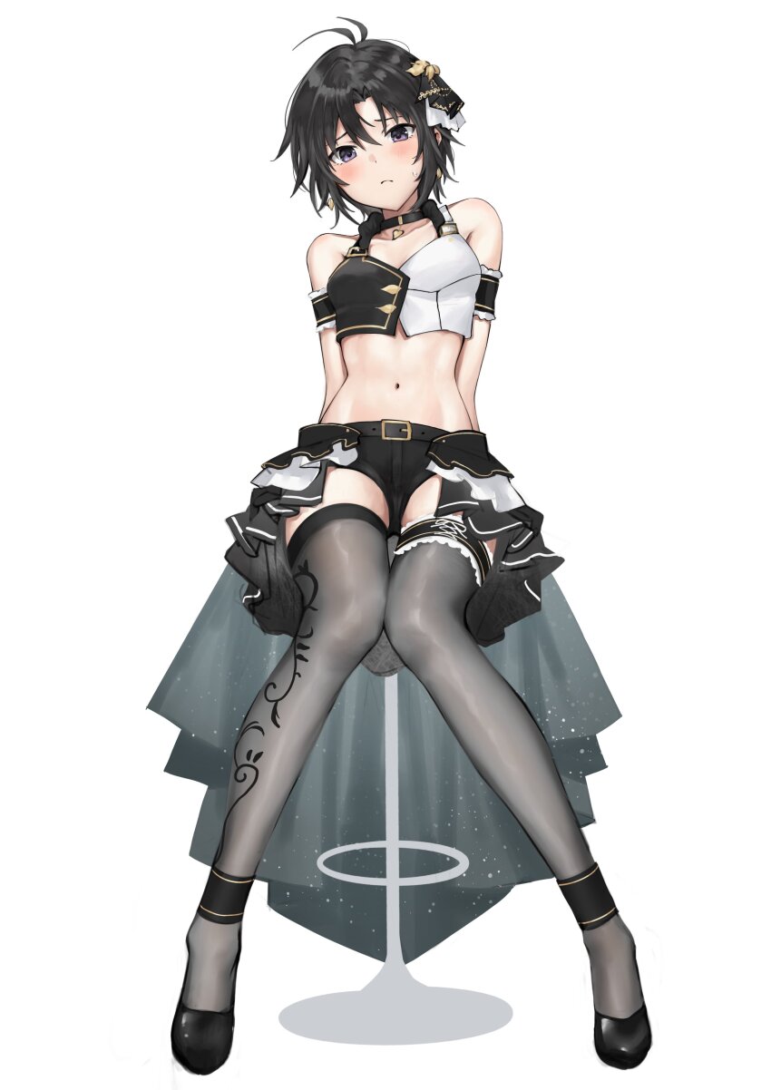 1girl absurdres aburi-gatana antenna_hair arm_garter arms_behind_back bare_shoulders belt black_belt black_collar black_eyes black_hair black_shoes black_shorts blush closed_mouth collar collarbone commentary crop_top frown full_body highres idolmaster idolmaster_(classic) kikuchi_makoto leaning_back looking_at_viewer midriff navel overskirt shoes short_hair short_shorts shorts simple_background sitting solo thighhighs white_background