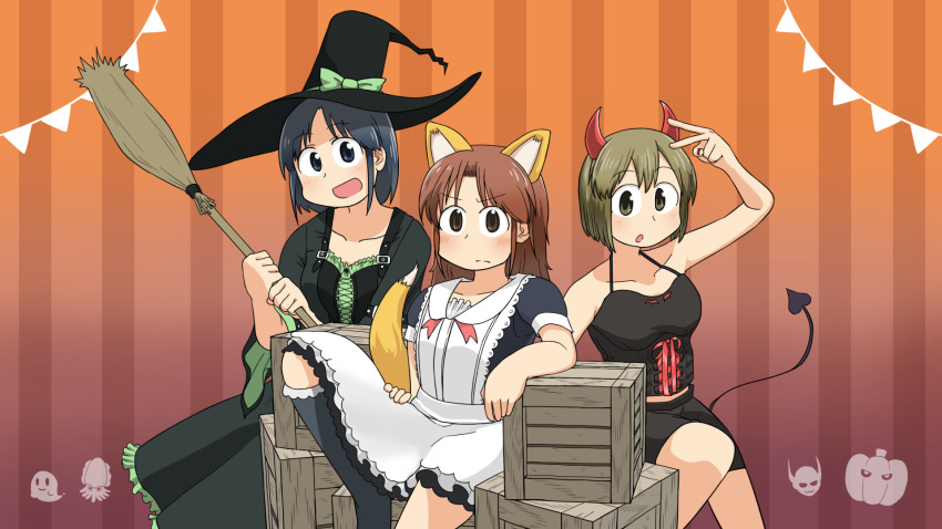 3girls :o alternate_costume alternate_hairstyle animal_ears apron arawi_keiichi_(style) black_dress black_eyes black_hair black_hat black_jacket black_shirt black_shorts black_thighhighs blonde_hair bow breasts broom brown_hair city_(arawi_keiichi) closed_mouth collarbone crate demon_horns demon_tail dress fake_animal_ears fake_horns fake_tail fox_ears fox_tail frilled_apron frills green_bow halloween hat hat_bow highres holding holding_broom horns izumi_wako jacket long_hair maid maid_apron medium_breasts multiple_girls nagumo_midori ayumu_niikura official_style open_mouth readybug red_nails red_ribbon ribbon shirt short_hair shorts sidelocks sitting sleeveless sleeveless_shirt smile string_of_flags striped_background tail thighhighs white_apron wide_sleeves witch_hat yellow_eyes