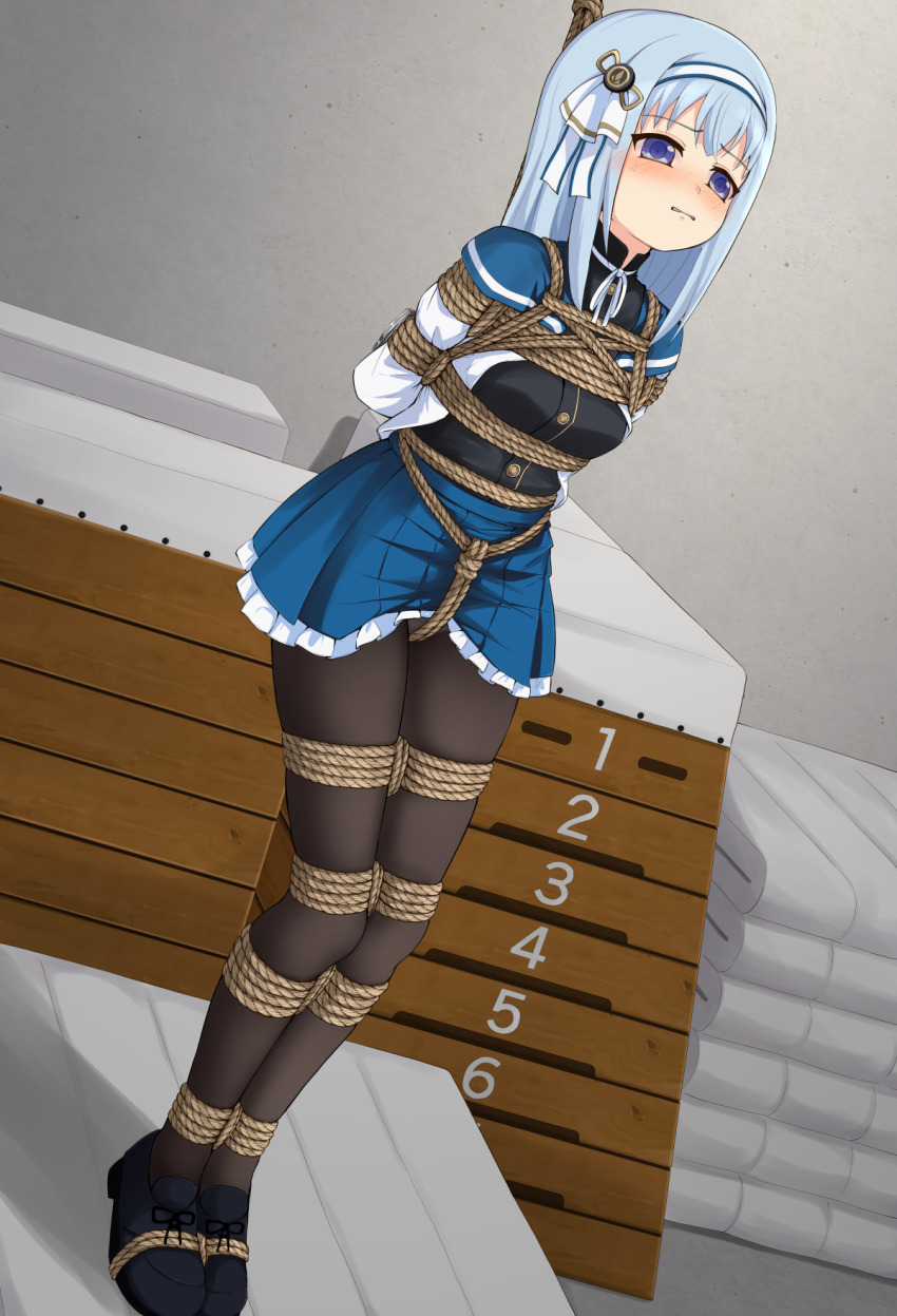 1girl arms_behind_back assault_lily bdsm black_shirt black_shorts blue_eyes blue_hair blue_hairband blue_ribbon blue_sailor_collar blue_skirt blush bondage bound bound_ankles bound_legs bound_together breasts brown_pantyhose buttons clenched_teeth commentary_request crotch_rope dutch_angle femuto frilled_skirt frills full_body furrowed_brow hair_ribbon hairband herensuge_girls_academy_school_uniform highres indoors loafers long_hair looking_ahead mat medium_breasts miniskirt neck_ribbon nose_blush open_clothes open_shirt pantyhose parted_lips pleated_skirt restrained ribbon rope sailor_collar school_uniform serafuku shadow shibari shibari_over_clothes shirt shirt_tucked_in shoes shorts skirt solo standing sweat teeth tsuboi_nanaho two-tone_hairband two-tone_ribbon vaulting_horse white_hairband white_ribbon white_shirt