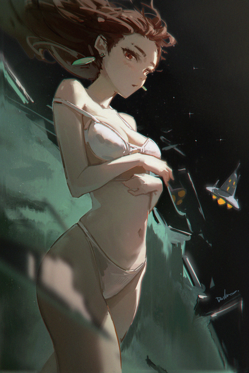 1girl absurdres ayase_momo bra breasts brown_eyes brown_hair dandadan dudrinm earrings film_grain highres jewelry navel panties parted_lips small_breasts solo ufo underwear white_bra white_panties wind