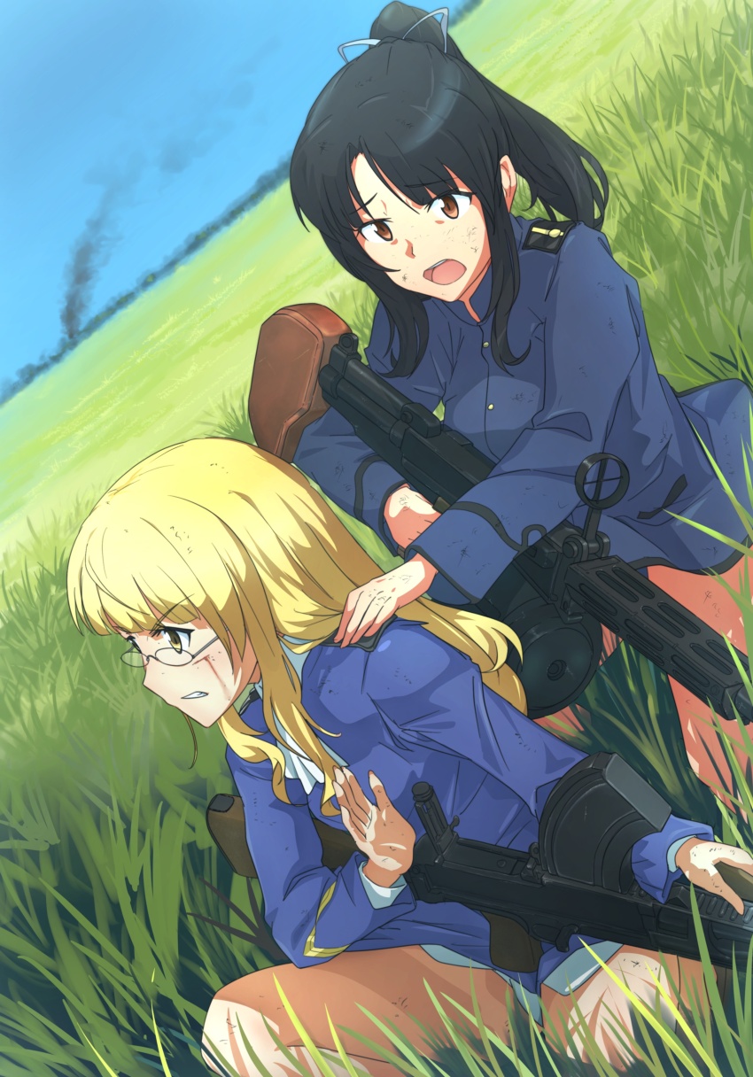 absurdres bad_link black_hair blonde_hair blood blood_on_face blurry bren_lmg brown_eyes depth_of_field dirty dirty_clothes dirty_face dutch_angle epaulettes field glasses grass grimace gun hair_ribbon hand_on_another&#039;s_shoulder hand_up hattori_shizuka highres injury light_machine_gun machine_gun military military_uniform noah_(0bp3292) open_mouth perrine_h._clostermann ponytail ribbon sidelocks sky smoke squatting strike_witches type_99_cannon weapon world_witches_series worried yellow_eyes