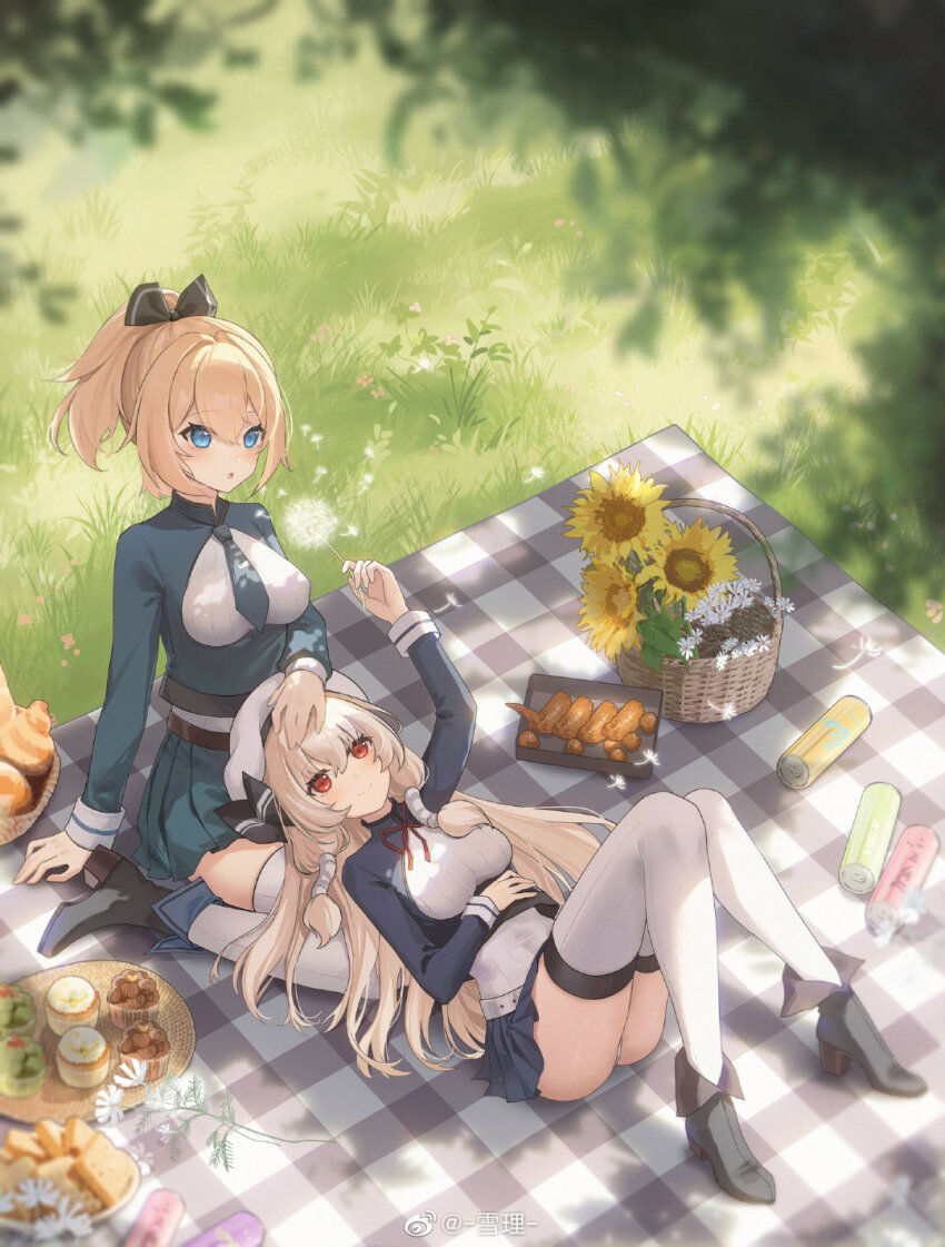 2girls basket black_bow black_footwear blonde_hair blue_eyes blue_skirt bogue_(warship_girls_r) bow braid bread breasts cake can chaser_(warship_girls_r) dandelion day flower food grass hair_bow hat highres lap_pillow large_breasts long_hair long_sleeves low-tied_sidelocks lying medium_breasts multiple_girls on_back outdoors picnic picnic_basket pleated_skirt ponytail red_eyes ribbon sandwich seiza side_ponytail sidelocks sitting skirt sunflower thighhighs warship_girls_r watermark weibo_watermark yukiri_(l_ii)