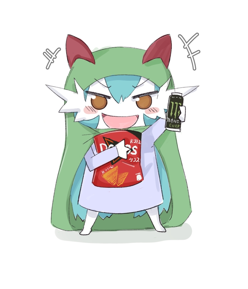 +++ 1girl alternate_hair_length alternate_hairstyle arm_up barefoot blue_dress blue_hair blush blush_stickers brown_eyes can chibi chibi_only cloak clothed_pokemon colored_skin cosplay doritos dress drink female_focus food gardevoir gen_3_pokemon green_cloak hand_up happy himouto!_umaru-chan holding holding_can holding_drink holding_food hood hood_up hooded_cloak kirlia_(cosplay) long_hair long_sleeves looking_at_viewer monster_energy nintendo open_mouth outstretched_arm pokemon pokemon_(creature) second-party_source simple_background smile solo v-shaped_eyebrows vaniste very_long_hair white_background white_skin