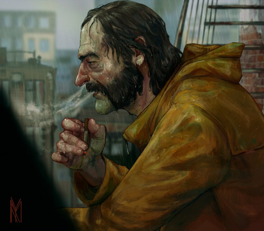 1boy beard black_hair bomber_jacket cigarette disco_elysium facial_hair harry_du_bois highres holding holding_cigarette jacket male_focus mature_male mustache rain short_hair smoke smoke_trail smoking solo wet wet_clothes wet_face wet_hair yanmayfire