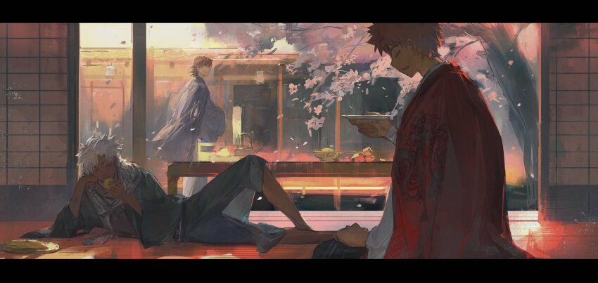 3boys architecture black_hair black_hakama black_kimono cherry_blossoms cqqqqdaze cup dark-skinned_male dark_skin dragon_print east_asian_architecture eating emiya_kiritsugu emiya_kiritsugu_(assassin) emiya_shirou falling_petals fate/grand_order fate_(series) hakama highres holding holding_cup japanese_clothes kimono kimono_on_shoulders knee_up kotomine_kirei letterboxed lying multiple_boys official_alternate_costume on_side petals rasputin_(fate) red_kimono sakazuki scarf senji_muramasa_(fate) shouji sitting sliding_doors standing teapot white_hair white_kimono white_scarf