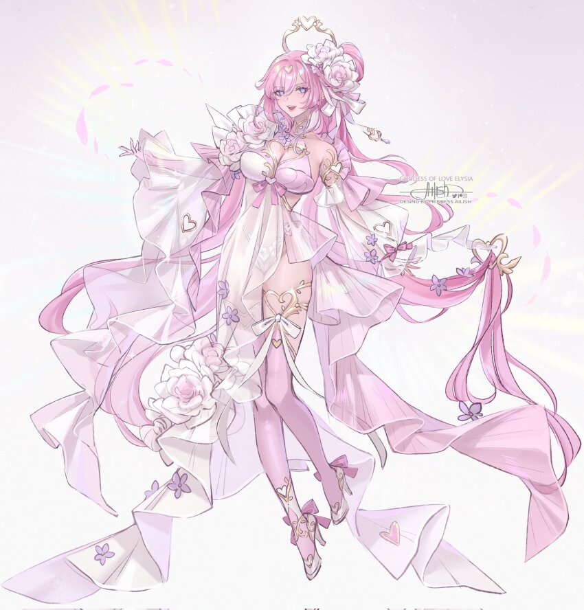 1girl alternate_costume artist_name breasts cleavage commentary dress elysia_(honkai_impact) english_commentary flower full_body hair_flower hair_ornament heart heart-shaped_pupils high_heels highres honkai_(series) honkai_impact_3rd large_breasts long_hair open_mouth panties panties_visible_through_clothes pink_hair pink_thighhighs princess_ailish purple_eyes see-through_clothes see-through_dress simple_background solo symbol-shaped_pupils thighhighs thighs underwear very_long_hair wedding_dress white_background white_dress white_high_heels