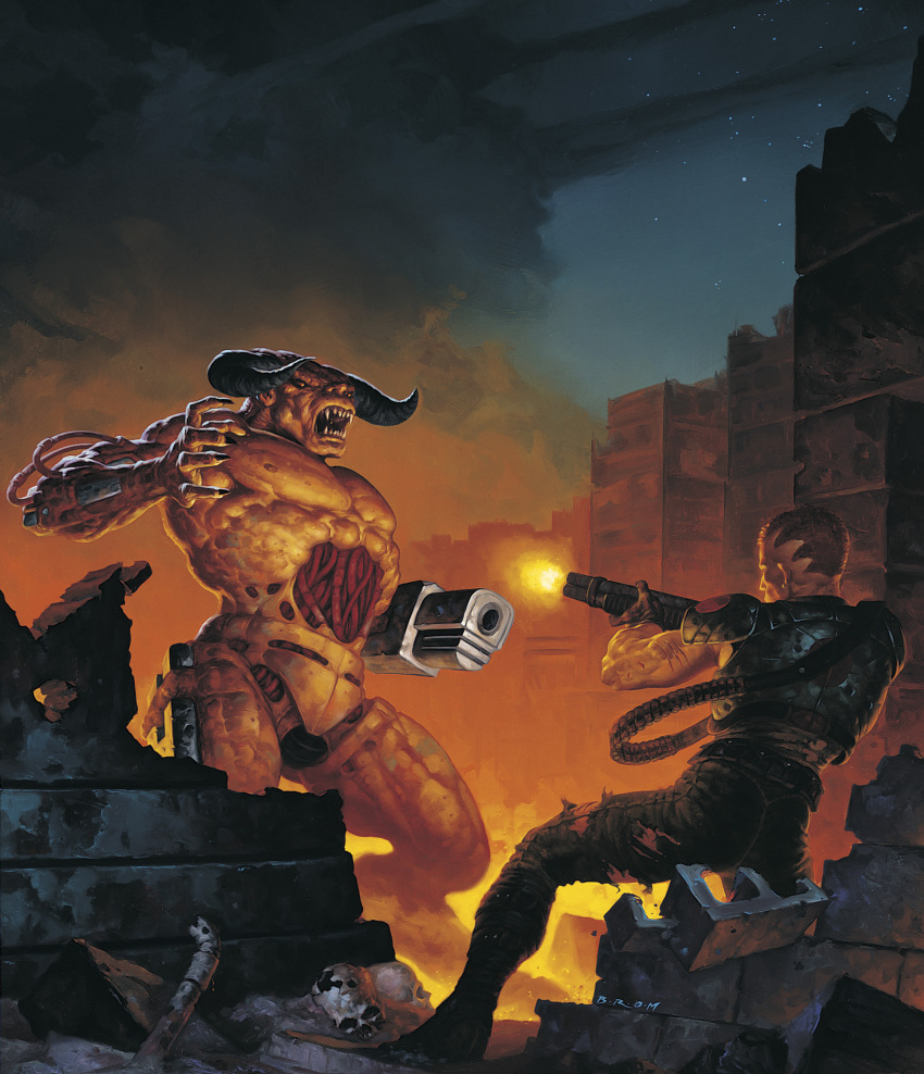 1boy arm_cannon armor bad_source bandolier belt black_horns broken_armor broken_skull cinder_block city cyberdemon cyborg demon demon_horns doom_(series) doom_ii doomguy exposed_internal_machinery fire firing forward_facing_horns gerald_brom giant gloves gun highres holding holding_gun holding_weapon horns muscular muscular_male night nipples official_art oil_painting_(medium) open_mouth painting_(medium) pants red_eyes scratches second-party_source sharp_teeth short_hair shotgun signature skull smoke standing teeth torn_clothes torn_pants traditional_media very_short_hair weapon wire