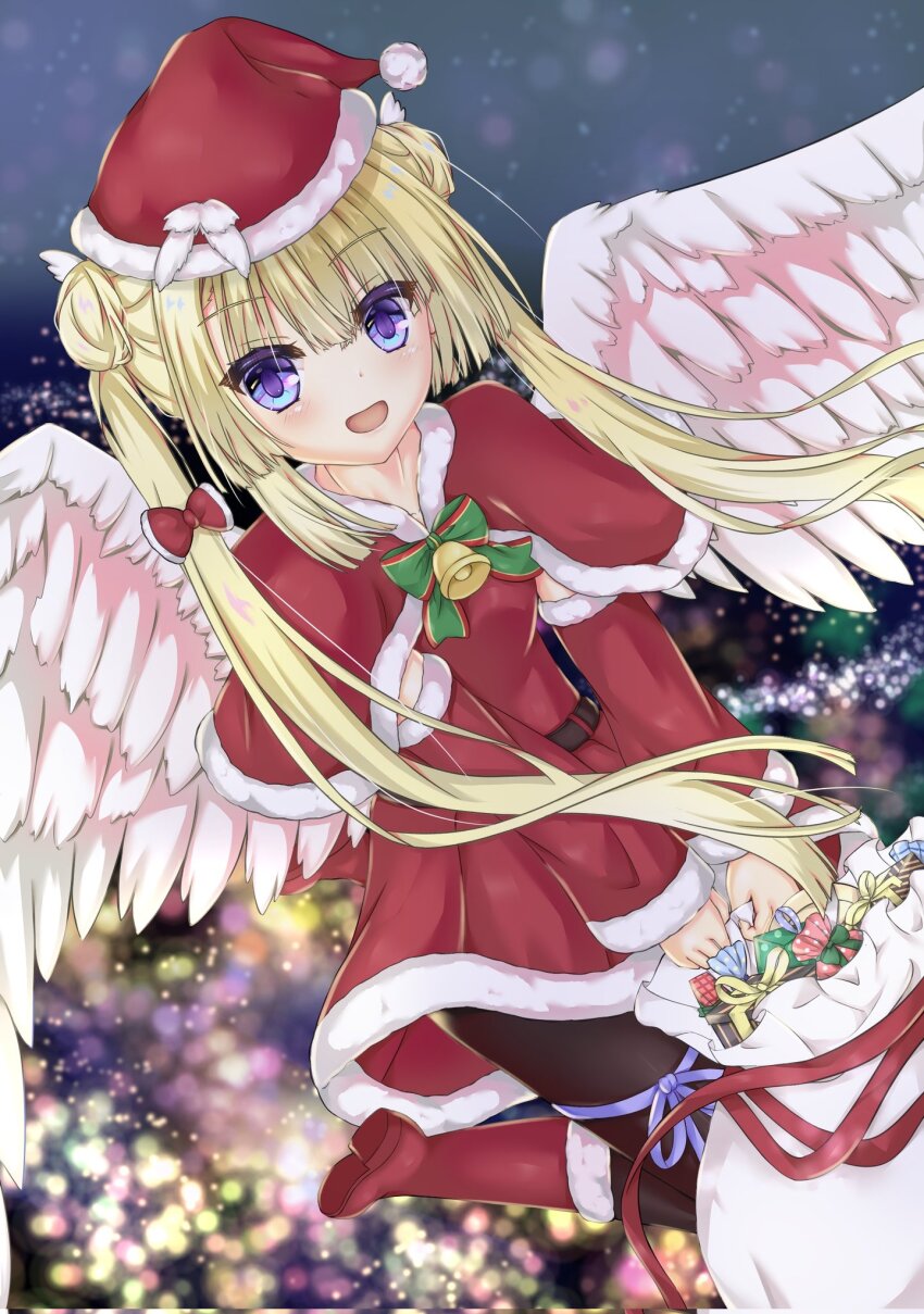 1girl :d alternate_costume angel angel_wings bag bell black_pantyhose blonde_hair blue_eyes blue_ribbon blunt_bangs blunt_ends blush boots bow box capelet christmas coat commentary corrupted_twitter_file double_bun dress dutch_angle eyes_visible_through_hair feathered_wings floating_hair flying foot_out_of_frame fur-trimmed_boots fur-trimmed_coat fur-trimmed_dress fur-trimmed_sleeves fur_trim gift gift_bag gift_box green_bow hair_bow hair_bun hair_ornament happy hat highres holding holding_bag kusaya01411 leg_ribbon long_hair long_sleeves looking_at_viewer neck_bell night open_mouth outdoors pantyhose red_boots red_bow red_capelet red_dress ribbon santa_capelet santa_costume santa_dress santa_hat shirayuki_noa sidelocks smile snowing solo tenshi_souzou_re-boot! thigh_ribbon twintails v_arms very_long_hair white_wings wide_sleeves wing_hair_ornament wing_hat_ornament wings