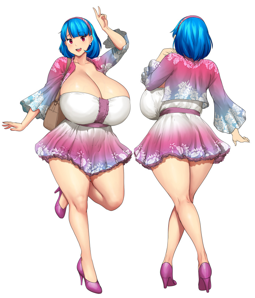 1girl absurdres blue_hair blush breasts collarbone cropped_jacket curvy dress earrings erkaz floral_print floral_print_dress full_body hairband high_heels highres huge_breasts jacket jewelry looking_at_viewer low_neckline medium_hair minidress multiple_views open_clothes open_jacket open_mouth original print_dress pumps red_eyes rina_atherina shiny_skin smile thick_thighs thighs v veins veiny_breasts wide_hips wide_sleeves