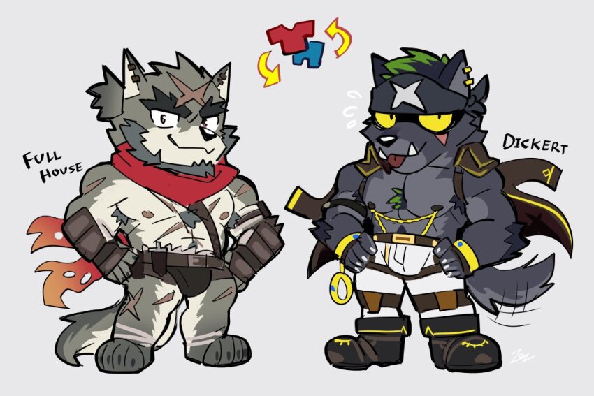 abs animal_ears another_eidos-r barefoot beard black_boots black_coat black_headband boots bulge cape character_name chibi claws closed_mouth coat coat_on_shoulders cosplay costume_switch cross_scar dickert_(another_eidos) earrings facial_hair fangs fangs_out flying_sweatdrops full_house_(another_eidos) furry furry_male grey_background hands_on_own_hips headband jewelry male_focus mixed-language_commentary multiple_scars muscular muscular_male nipples pants pectorals red_cape scar scar_across_eye scar_on_chest scar_on_face scar_on_forehead scar_on_leg scar_on_shoulder smile sollyz tail tail_wagging topless_male white_pants wolf_boy wolf_ears wolf_tail