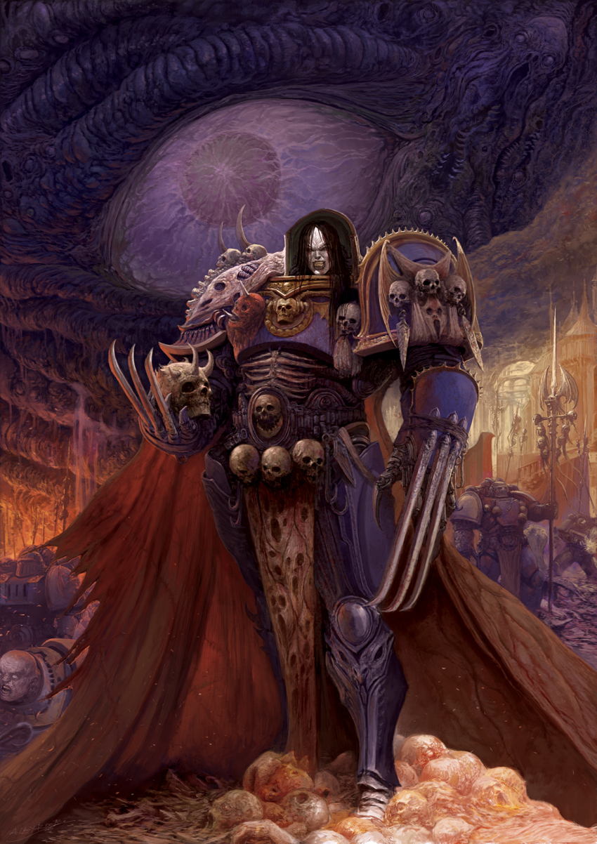 4boys adeptus_astartes black_hair blind_eye chaos_(warhammer) chaos_space_marine colored_skin corona_nox_(warhammer) flayed_skin grey_skin highres konrad_curze lightning_claw long_hair multiple_boys night night_lords primarch skull the_nightmare_mantle warhammer_40k