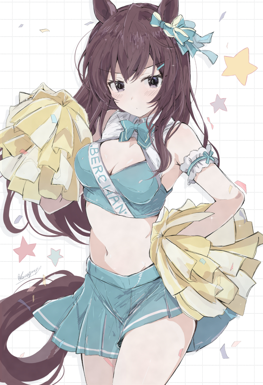 1girl animal_ears armpits black_hair breasts cheerleader cleavage closed_mouth collarbone commentary_request hair_between_eyes hair_ornament highres horse_ears horse_girl horse_tail kannagiray long_hair looking_at_viewer mejiro_dober_(umamusume) midriff navel pom_pom_(cheerleading) purple_eyes ribbon sleeveless solo tail umamusume white_background