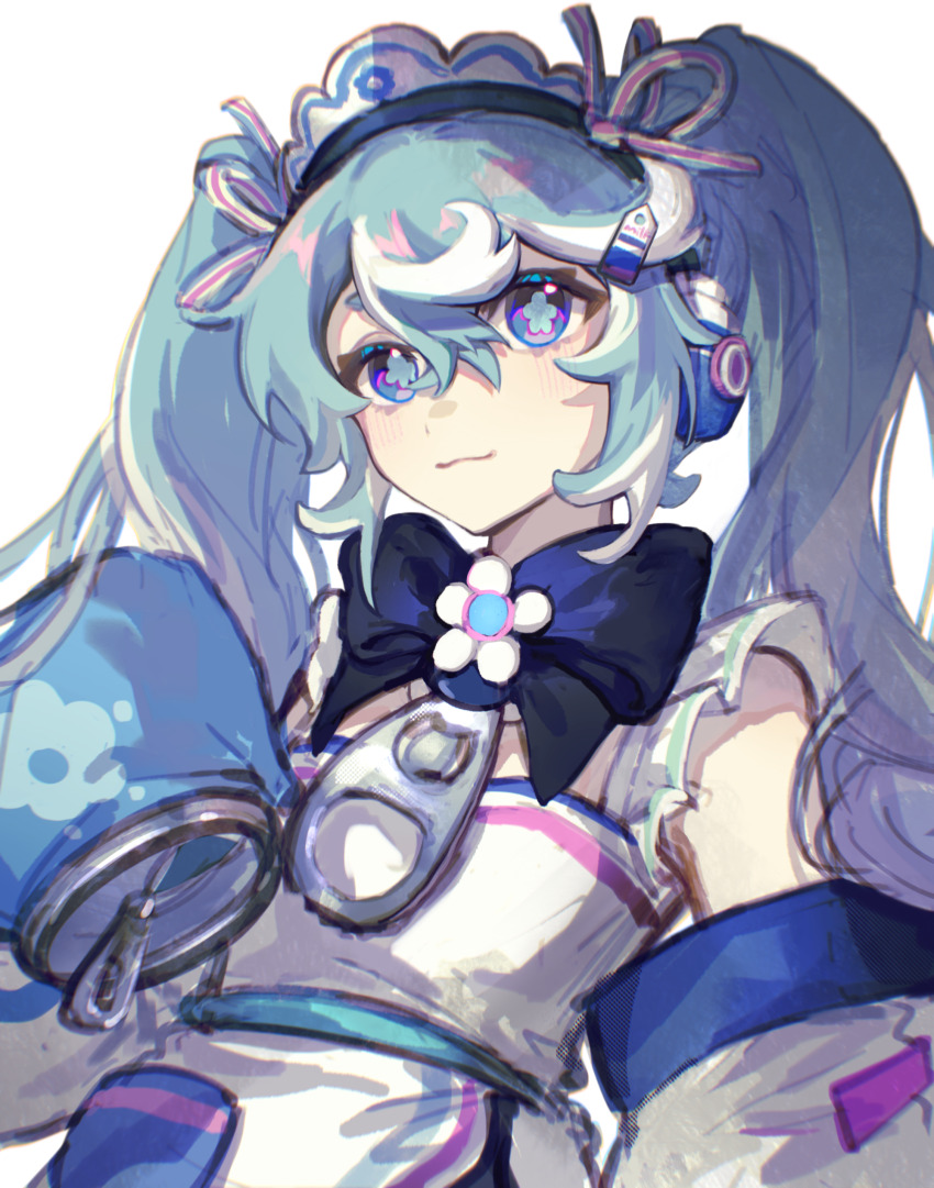 1girl :3 absurdres apron aqua_hair blue_eyes borrowed_design closed_mouth commentary_request detached_sleeves dress earphones flower-shaped_pupils flower_brooch frilled_headwear hair_between_eyes hair_ornament hatsune_miku highres kuukip long_hair long_sleeves multicolored_hair puffy_long_sleeves puffy_sleeves sidelocks simple_background sleeves_past_fingers sleeves_past_wrists solo streaked_hair symbol-shaped_pupils tag twintails upper_body very_long_hair vocaloid white_apron white_background white_dress white_hair yuki_miku yuki_miku_(2024)_(applicant)