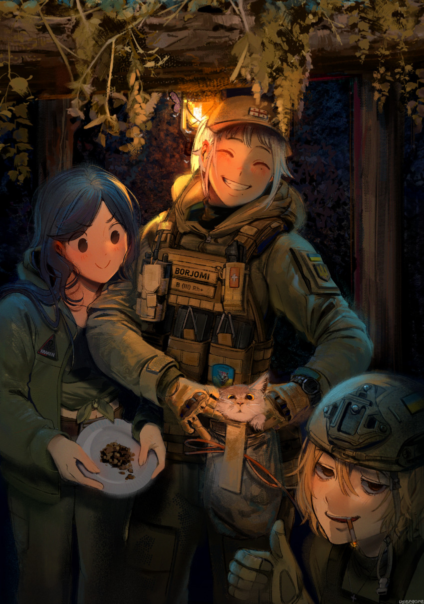 3girls ammunition_pouch animal bag baseball_cap black_hair blonde_hair blood_type blush branch brown_eyes camouflage cat cigarette closed_eyes commentary cross english_commentary food georgian_flag georgian_legion gloves green_jacket hat helmet highres holding holding_animal holding_cat holding_food holding_plate jacket kraken_(japanon) kraken_regiment lantern long_hair magazine_(weapon) marichka military military_combat_uniform military_uniform multiple_girls navel nika_(usergore) oil_lamp original patch pet_food plate pouch red_cross russo-ukrainian_war shirt short_hair smile tied_shirt trench tryzub ukrainian_flag usergore walkie-talkie watch whiskers white_hair wristwatch yellow_eyes