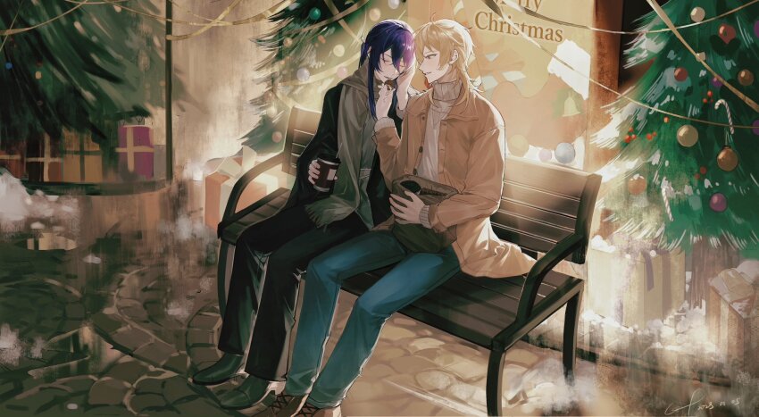 2boys ahoge backlighting bag bell bench black_pants black_shoes blonde_hair box brown_coat brown_jacket brown_shoes candy candy_cane casual christmas christmas_ornaments christmas_stocking christmas_tree closed_eyes coat cup denim disposable_coffee_cup disposable_cup ensemble_stars! feeding food full_body gift gift_box grey_scarf grocery_bag hair_between_eyes hakaze_kaoru highres holding holding_cup jacket jeans kanzaki_souma long_sleeves looking_at_another merry_christmas motoyui multiple_boys night on_bench outdoors pants parted_lips ponytail puddle purple_hair ru_kosin scarf shoes shop shopping_bag sidelocks signature snow sweater tucking_hair turtleneck turtleneck_sweater white_sweater window wolf_cut wooden_bench yaoi yellow_eyes