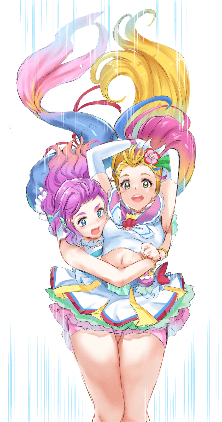 2girls :d bike_shorts_under_skirt blonde_hair blue_eyes cheek-to-breast cheek_squash cure_summer floating_hair flower gradient_hair green_eyes hair_flower hair_ornament highres kamishiro_ryuu laura_la_mer long_hair mermaid midriff monster_girl multicolored_eyes multicolored_hair multiple_girls natsuumi_manatsu navel open_mouth pink_eyes pink_hair pink_shorts precure shorts skirt smile teeth thick_eyebrows tropical-rouge!_precure two-tone_eyes upper_teeth_only very_long_hair wavy_hair