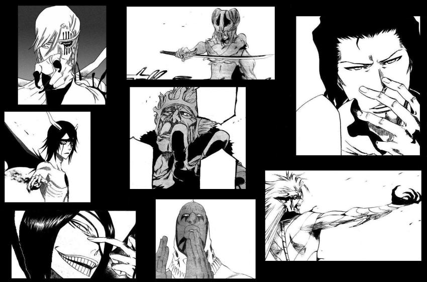 00s 1girl 6+boys arrancar baraggan_louisenbairn bleach comic coyote_starrk greyscale grimmjow_jaegerjaquez highres hollow_(bleach) kubo_tite monochrome multiple_boys nelliel_tu_odelschwanck nnoitra_gilga number_tattoo resurreccion resurreccion:_segunda_etapa szayelaporro_granz tattoo third-party_edit ulquiorra_cifer zommari_leroux zommari_rureaux