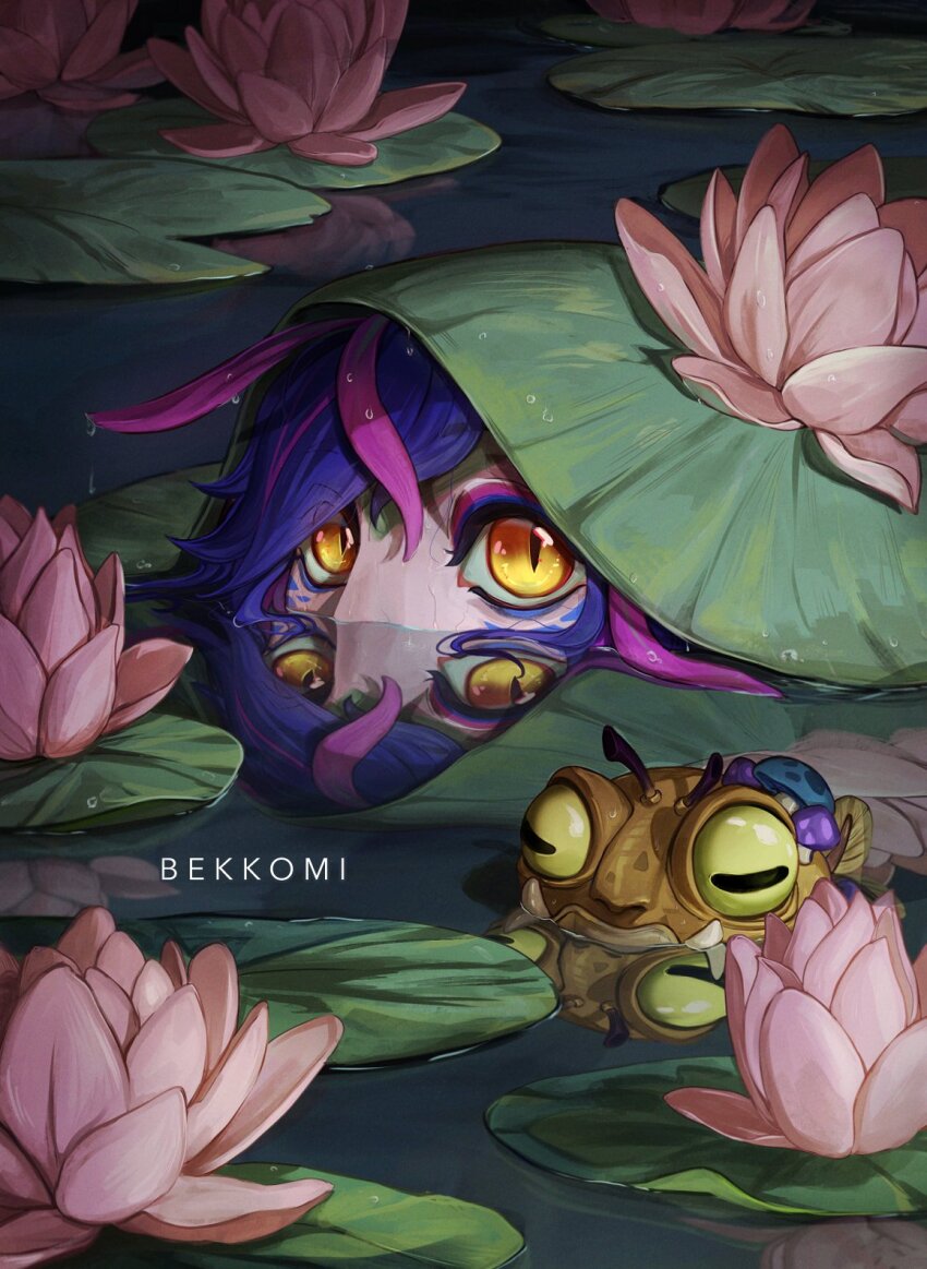 1girl animal artist_name bekkomi blue_hair frog highres in_water leaf leaf_on_head league_of_legends looking_at_viewer multicolored_hair neeko_(league_of_legends) orange_eyes pink_hair slit_pupils solo two-tone_hair water