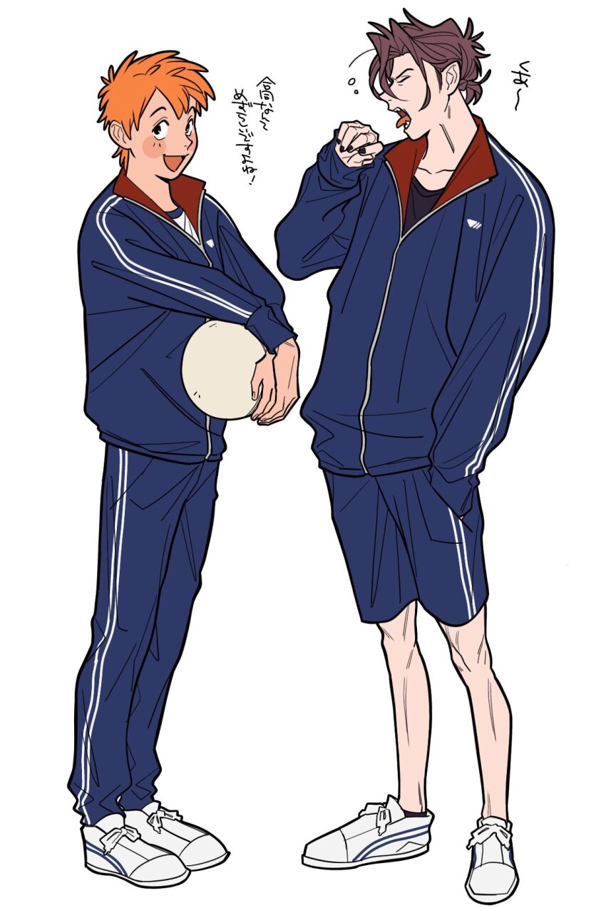 2boys ball black_nails black_shirt blue_jacket blue_pants blue_shorts brown_hair chicken_little collarbone foxy_loxy full_body hand_in_pocket highres holding holding_ball jacket looking_at_viewer male_focus multiple_boys open_mouth orange_hair pants shirt short_hair shorts squeans the_fox_and_the_hound tod_(the_fox_and_the_hound) tongue tongue_out track_jacket translation_request uochandayo white_background white_shirt yawning