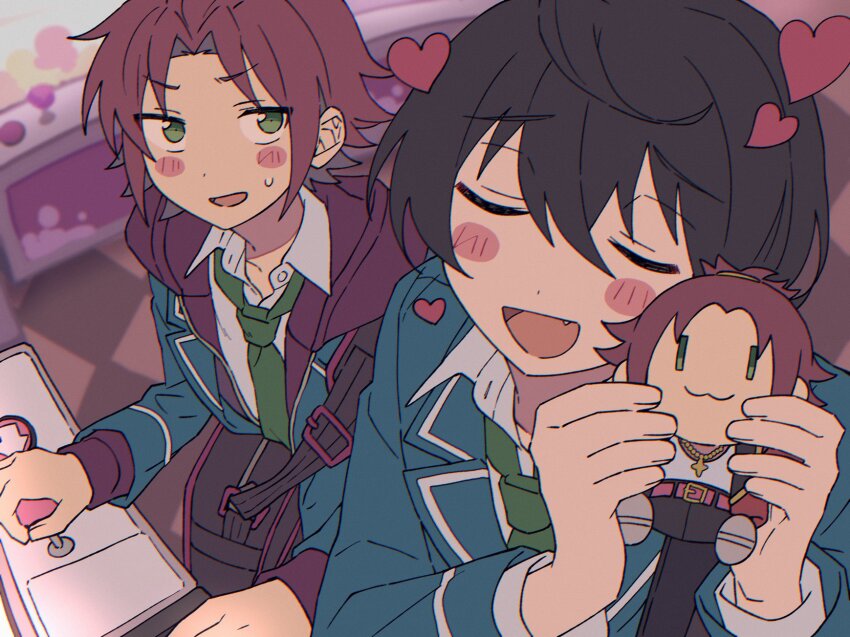 1boy 2boys arcade arcade_stick bag bishounen black_bag black_hair blazer blue_jacket blush_stickers character_doll checkered_floor closed_eyes collared_shirt controller curtained_hair doll ensemble_stars! facing_ahead fang flipped_hair furrowed_brow game_controller green_eyes green_necktie hair_between_eyes hands_up happy heart highres holding holding_doll hood hoodie isara_mao jacket jacket_over_hoodie joystick layered_sleeves long_sleeves looking_at_another male_focus middle_part multiple_boys necktie niyororinpayamaru open_clothes open_jacket open_mouth parted_lips perspective playing_games red_hair red_hoodie sakuma_ritsu school_uniform shirt short_hair shoulder_bag side-by-side sweatdrop two-handed u_u white_shirt wing_collar yumenosaki_school_uniform