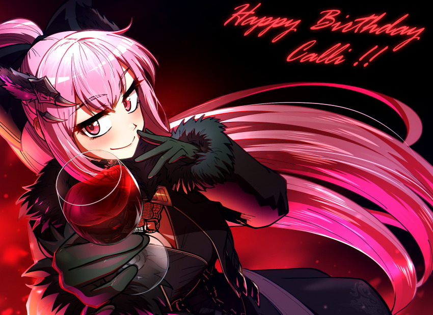 1girl alcohol black_dress black_gloves blush breasts cleavage cup ddolbang dress drinking_glass english_text fur_trim gloves hand_on_own_face happy_birthday highres hololive hololive_english large_breasts looking_at_viewer mori_calliope mori_calliope_(grimoire) official_alternate_costume official_alternate_hairstyle pink_hair ponytail red_eyes virtual_youtuber wine wine_glass