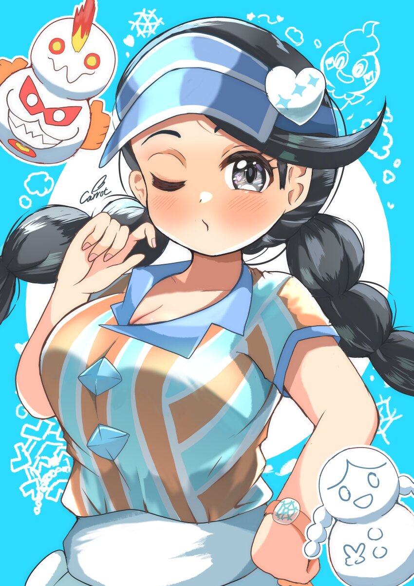 1girl absurdres black_eyes black_hair blue_headwear braid breasts candice_(palentine&#039;s_2024)_(pokemon) candice_(pokemon) carrot_summer character_snowman cleavage cryogonal galarian_darmanitan galarian_darmanitan_(zen) galarian_form gen_5_pokemon gen_8_pokemon hand_on_own_hip highres large_breasts long_hair nintendo official_alternate_costume one_eye_closed pokemon pokemon_(creature) pokemon_masters_ex short_sleeves twin_braids upper_body vanillite visor_cap