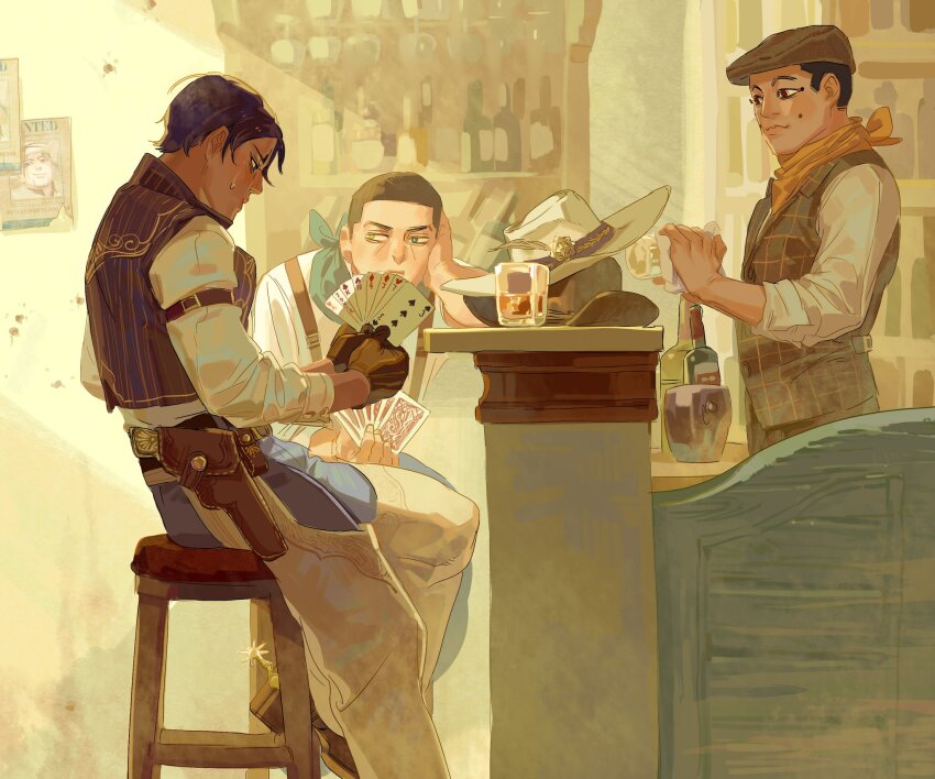 3boys ace_(playing_card) ace_of_spades alcohol alternate_universe arm_strap bandana bar_(place) bartender black_hair blue_pants boots bottle bright_pupils brown_footwear brown_gloves brown_hair brown_headwear brown_pants brown_vest bullet_hole card chaps chengongzi123 cleaning closed_mouth collared_vest cowboy cowboy_boots cowboy_hat cowboy_western desk elbow_rest feet_out_of_frame four_of_diamonds gloves golden_kamuy green_bandana green_eyes gun hand_on_own_face handgun hands_up hat head_rest highres holding holding_card holster holstered indoors jack_(playing_card) jack_of_diamonds king_(playing_card) king_of_clubs koito_otonoshin light_rays long_sleeves looking_at_another looking_at_object male_focus multiple_boys ogata_hyakunosuke pants playing_card revolver saloon seven_of_hearts shelf short_hair sitting skirt spade_(shape) spurs stool sunbeam sunlight suspender_skirt suspenders sweat ten_of_spades three_of_spades tsukishima_hajime usami_tokishige very_short_hair vest wanted_poster weapon western yellow_background yellow_bandana