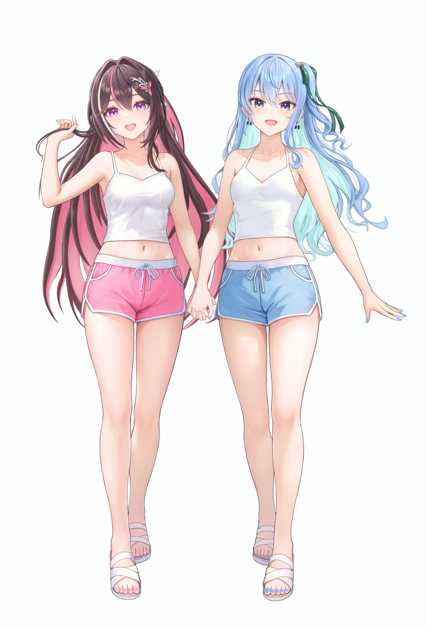 2girls :d absurdres alternate_costume azki_(hololive) bare_arms bare_legs black_hair blue_eyes blue_hair blue_nails bow bow_earrings breasts camisole cleavage collarbone colored_inner_hair commentary_request crop_top dolphin_shorts double-parted_bangs drawstring earrings feet full_body hair_between_eyes hair_intakes hair_ornament hair_ribbon hairclip highres holding holding_hands holding_own_hair hololive hoshimachi_suisei jewelry knees legs long_hair looking_at_viewer loungewear medium_breasts midriff mole mole_under_eye multicolored_hair multiple_girls nail_polish navel one_side_up open_mouth pink_hair pink_nails pink_shorts purple_eyes ribbon sandals short_shorts shorts sidelocks simple_background small_breasts smile star_(symbol) star_in_eye stomach streaked_hair symbol_in_eye thighs toenail_polish toenails toes very_long_hair virtual_youtuber wajuniorbox wavy_hair white_background white_camisole white_hair white_sandals