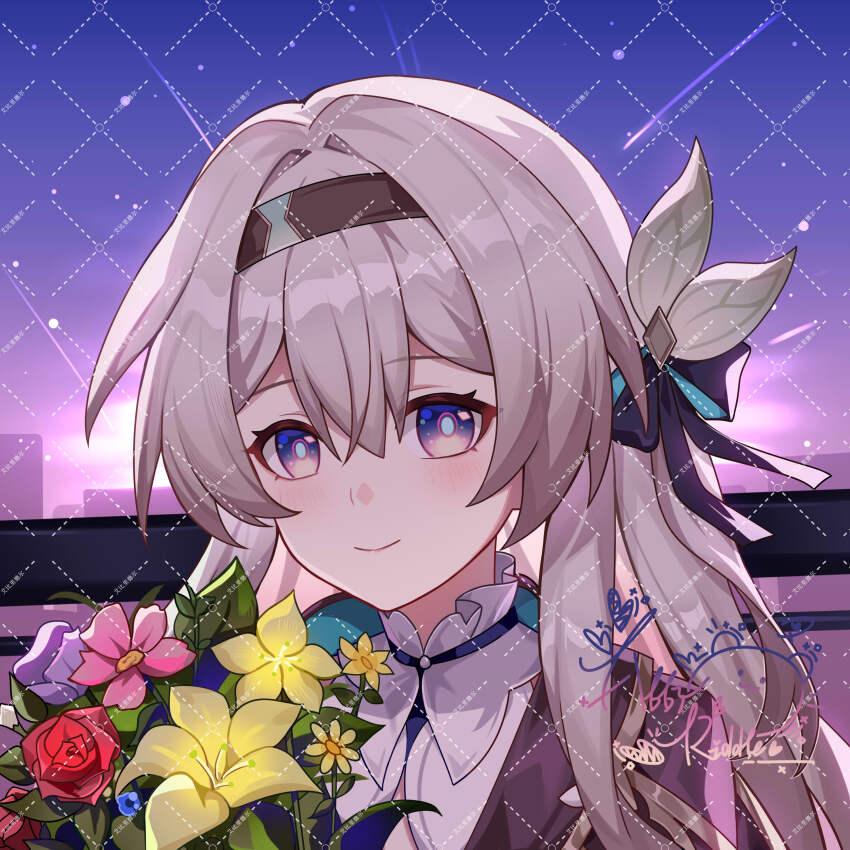 1girl abby_riddle absurdres artist_name black_hairband black_jacket blue_pupils bouquet close-up firefly_(honkai:_star_rail) flower gradient_eyes grey_hair hair_intakes hair_ornament hairband highres holding holding_bouquet honkai:_star_rail honkai_(series) jacket looking_at_viewer multicolored_eyes pink_eyes portrait purple_eyes shirt signature solo white_shirt