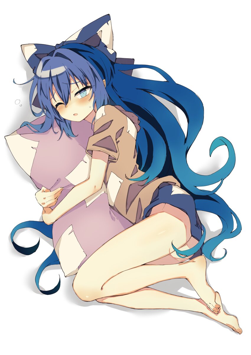 1girl absurdres antinomy_of_common_flowers blue_bow blue_hair blue_skirt blush bow dress grey_hoodie hair_bow hair_spread_out highres hood hoodie long_hair looking_at_viewer open_mouth pillow seika_okawari skirt solo squeans touhou yorigami_shion