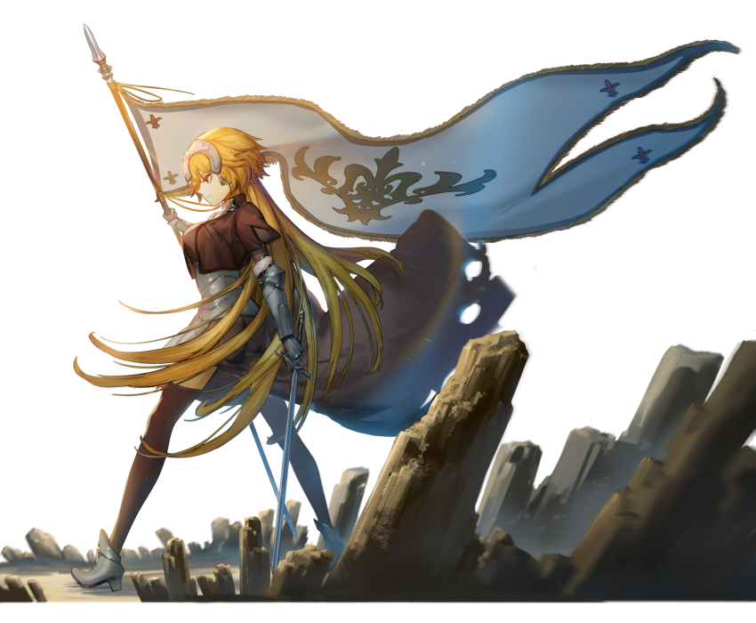 1girl alternate_hairstyle armor armored_dress ashorz black_thighhighs blonde_hair blue_eyes braid breasts dress fate/apocrypha fate/grand_order fate_(series) faulds flag full_body gauntlets headpiece highres holding holding_flag holding_sword holding_weapon jeanne_d&#039;arc_(fate) jeanne_d&#039;arc_(ruler)_(fate) large_breasts long_hair looking_at_viewer looking_away plackart single_braid solo sword thighhighs very_long_hair weapon