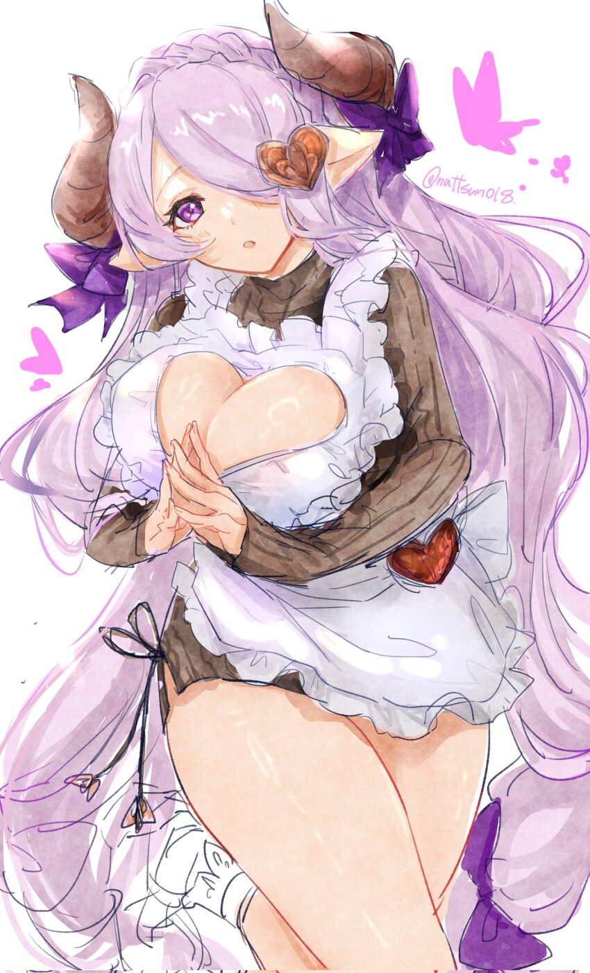 apron blue_eyes blush breasts bug butterfly cleavage cleavage_cutout clothing_cutout draph granblue_fantasy hair_ornament hair_over_one_eye heart highres horns huge_breasts insect long_hair looking_at_viewer narmaya_(granblue_fantasy) narmaya_(valentine)_(granblue_fantasy) nattsun_(018) open_mouth own_hands_together purple_hair purple_ribbon ribbon sweater thick_thighs thighs