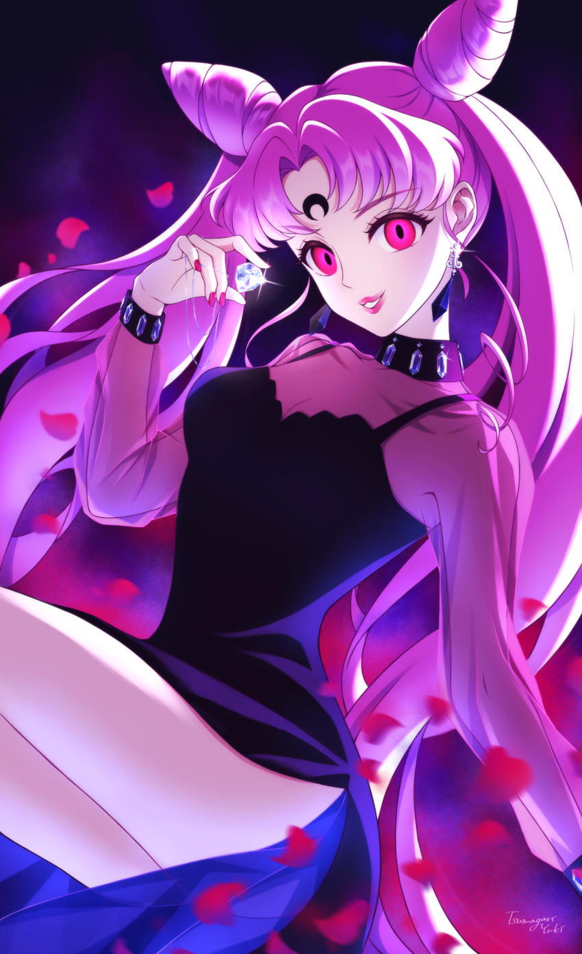 1girl aged_up bishoujo_senshi_sailor_moon bishoujo_senshi_sailor_moon_r black_dress black_lady_(sailor_moon) black_moon_clan chibi_usa collarbone cone_hair_bun crescent crescent_facial_mark crystal_earrings dark_persona double_bun dress earrings facial_mark forehead_mark hair_bun highres jewelry lipstick long_dress long_hair long_sleeves makeup parted_bangs pink_hair red_eyes see-through_clothes side_slit tsumagari_yuki very_long_hair wrist_cuffs