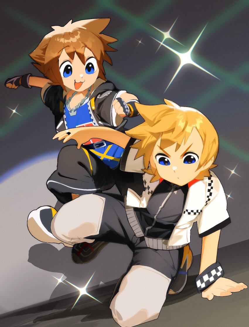 2boys absurdres arm_support arm_up arms_up black_gloves black_jacket black_pants black_vest blonde_hair blue_eyes blue_shirt brown_hair chain chain_necklace checkered_clothes clenched_hands commentary cropped_jacket dancing dutch_angle english_commentary fingerless_gloves full_body gloves grey_pants happy highres hood hood_down hooded_jacket jacket jewelry kingdom_hearts kingdom_hearts_ii leg_up looking_at_another looking_down male_focus multicolored_pants multiple_boys necklace on_one_knee open_clothes open_jacket open_mouth pants paobebebe pendant puffy_pants roxas serious shirt shoes short_hair short_sleeves smile sora_(kingdom_hearts) sparkle spiked_hair spotlight tokyo_game_show vest white_jacket wristband yellow_shoes zipper
