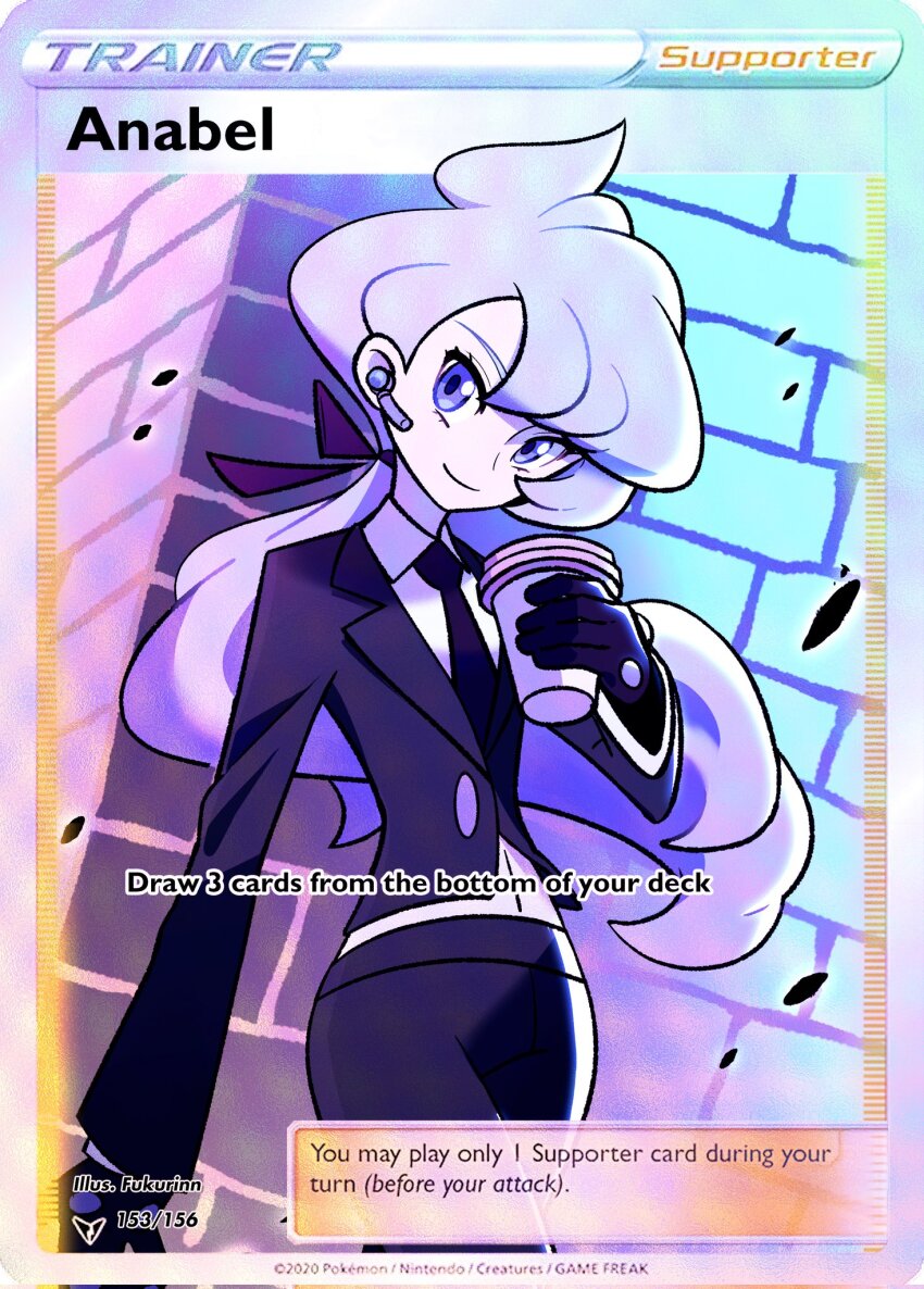 1girl anabel_(pokemon) asymmetrical_bangs black_gloves black_jacket black_necktie black_pants brick_wall closed_mouth collared_shirt commentary corrupted_twitter_file cup disposable_coffee_cup disposable_cup earpiece english_commentary fukurinn gloves highres holding holding_cup jacket long_hair long_sleeves looking_at_viewer necktie nintendo pants pokemon pokemon_card pokemon_sm purple_eyes purple_hair shirt smile solo white_shirt