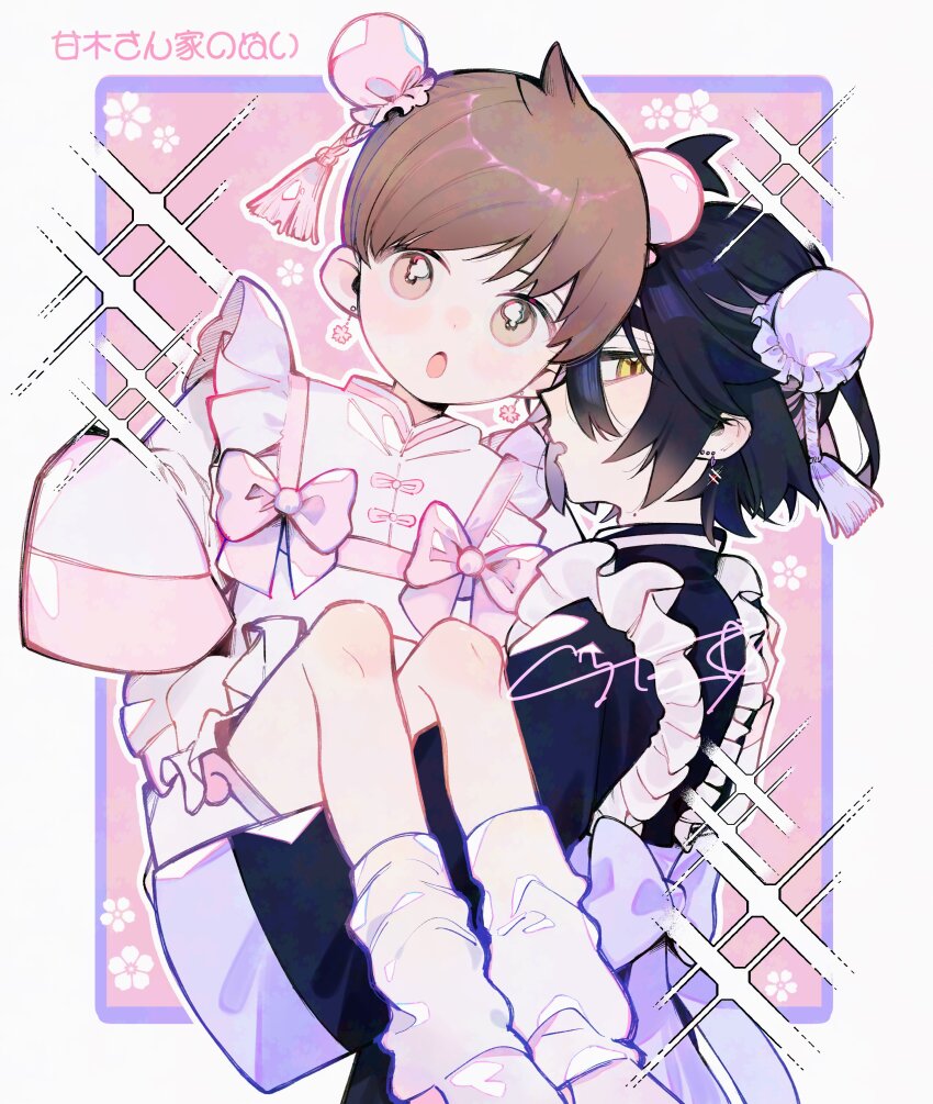 2boys :o absurdres alternate_costume black_dress black_hair border bow brown_eyes brown_hair bun_cover carrying commentary_request dress earrings florian_(pokemon) hei_tai_(kyaputen1) highres jewelry kieran_(pokemon) knees long_sleeves looking_at_viewer male_focus multiple_boys nintendo open_mouth pink_bow pokemon pokemon_sv short_hair sleeves_past_fingers sleeves_past_wrists socks white_border white_socks yellow_eyes