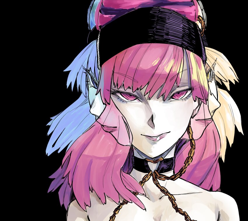 1girl absurdres axel_hi black_background black_choker black_headband blonde_hair blue_eyes blue_hair chain choker collarbone eyelashes headband hecatia_lapislazuli highres looking_at_viewer lower_lip_only medium_hair multiple_faces portrait red_eyes red_hair ringed_eyes smirk solo touhou translucent_hair yellow_eyes