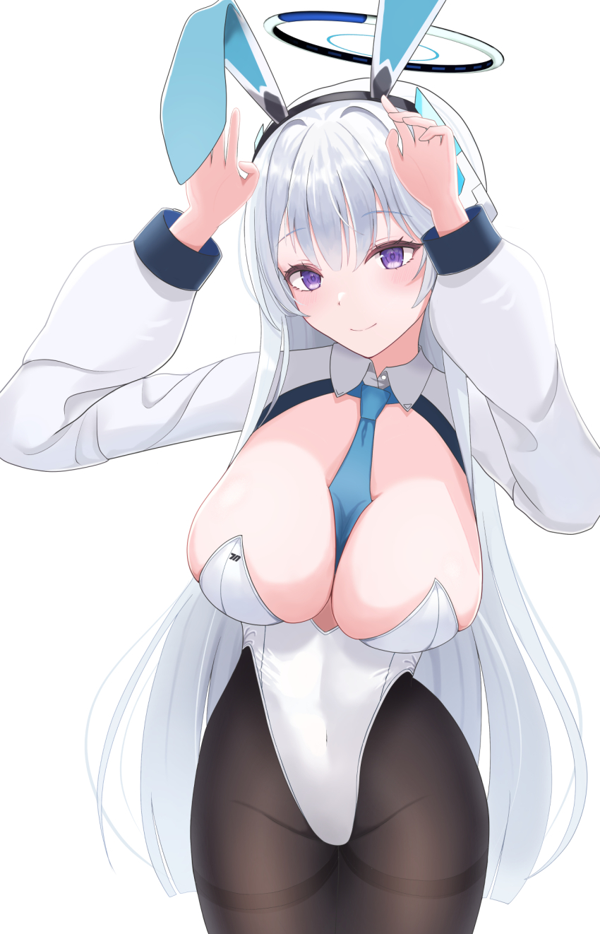 1girl animal_ears between_breasts blue_archive blue_necktie breasts brown_pantyhose cleavage cowboy_shot fake_animal_ears halo highres large_breasts leotard light_smile long_hair long_sleeves looking_at_viewer mechanical_halo necktie necktie_between_breasts noa_(blue_archive) pantyhose playboy_bunny purple_eyes rabbit_ears simple_background sleeve_cuffs solo standing strapless strapless_leotard textless_version thighband_pantyhose uaru very_long_hair white_background white_leotard