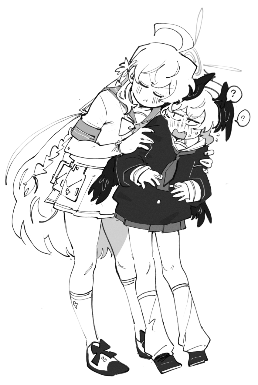2girls ? ahoge blue_archive braid closed_eyes grabbing_another&#039;s_arm greyscale halo hanako_(blue_archive) head_wings highres kinzaibatsu91 kneehighs koharu_(blue_archive) long_hair long_sleeves looking_at_another monochrome multiple_girls neckerchief shirt shoes short_sleeves simple_background single_braid skirt socks spoken_question_mark standing very_long_hair white_background wings