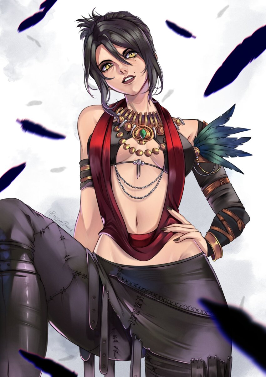 1girl artist_name beneceadraws black_feathers black_hair black_lips black_nails black_pants breasts commentary detached_sleeves deviantart_logo deviantart_username dragon_age english_commentary feathers fingernails hair_between_eyes hand_on_own_hip head_tilt highres instagram_logo instagram_username jewelry lips lipstick makeup medium_breasts mole mole_under_eye morrigan_(dragon_age) multiple_moles navel pants patreon_logo patreon_username short_hair single_detached_sleeve single_sleeve solo tumblr_logo tumblr_username twitch_logo twitch_username twitter_logo twitter_username yellow_eyes