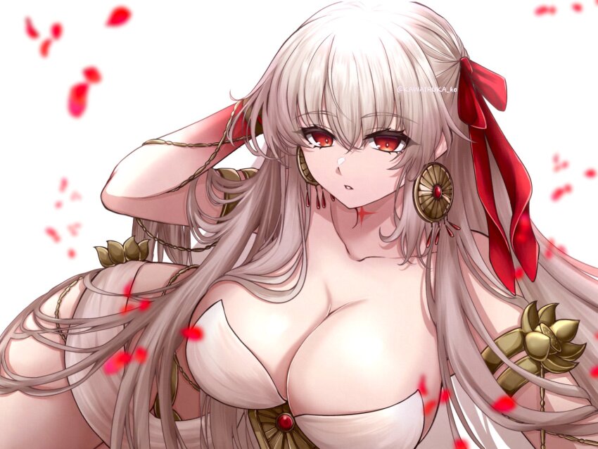 1girl blush breasts durga_(fate) durga_(first_ascension)_(fate) earrings fate/grand_order fate_(series) grey_hair hair_ribbon highres jewelry kawairuka_ko large_breasts long_hair looking_at_viewer red_eyes ribbon solo thighs very_long_hair