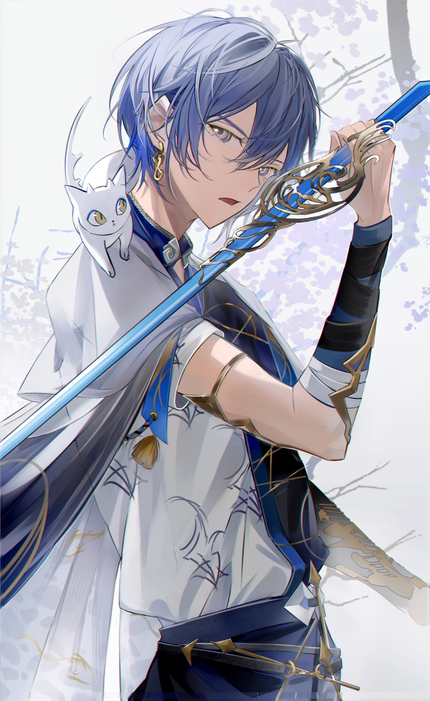1boy animal animal_on_shoulder arm_guards blue_eyes blue_hair cat cat_on_shoulder earrings hair_between_eyes high_collar highres holding holding_sword holding_weapon jewelry koyanagi_rou koyanagi_rou_(1st_costume) looking_at_viewer male_focus nijisanji official_alternate_costume open_mouth otomo_(koyanagi_rou) print_shirt sanse_(sssei_33) shirt shirt_tucked_in short_sleeves simple_background single_earring solo sword weapon