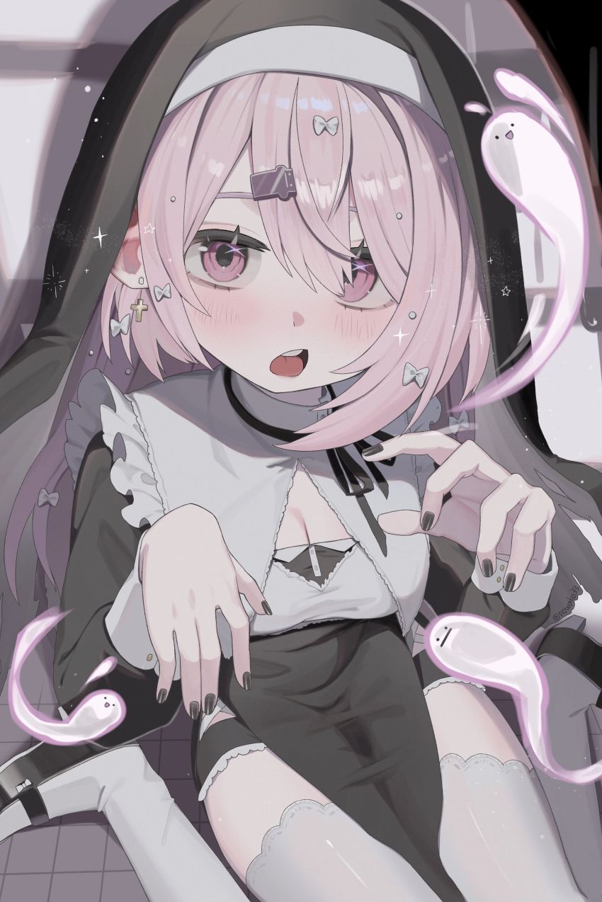 1girl absurdres black_dress black_nails black_ribbon black_shoes black_veil blush bow breasts cleavage cross cross_earrings dress earrings fingernails ghost groin hair_bow hair_ornament hairclip highres jewelry long_hair long_sleeves looking_at_viewer nail_polish neck_ribbon nijisanji noko_(nowako33) nun open_mouth pink_eyes pink_hair ribbon shiina_yuika shoes sitting star_(symbol) teeth thighhighs tile_floor tiles tongue twitter_username upper_teeth_only veil virtual_youtuber wariza white_bow white_thighhighs